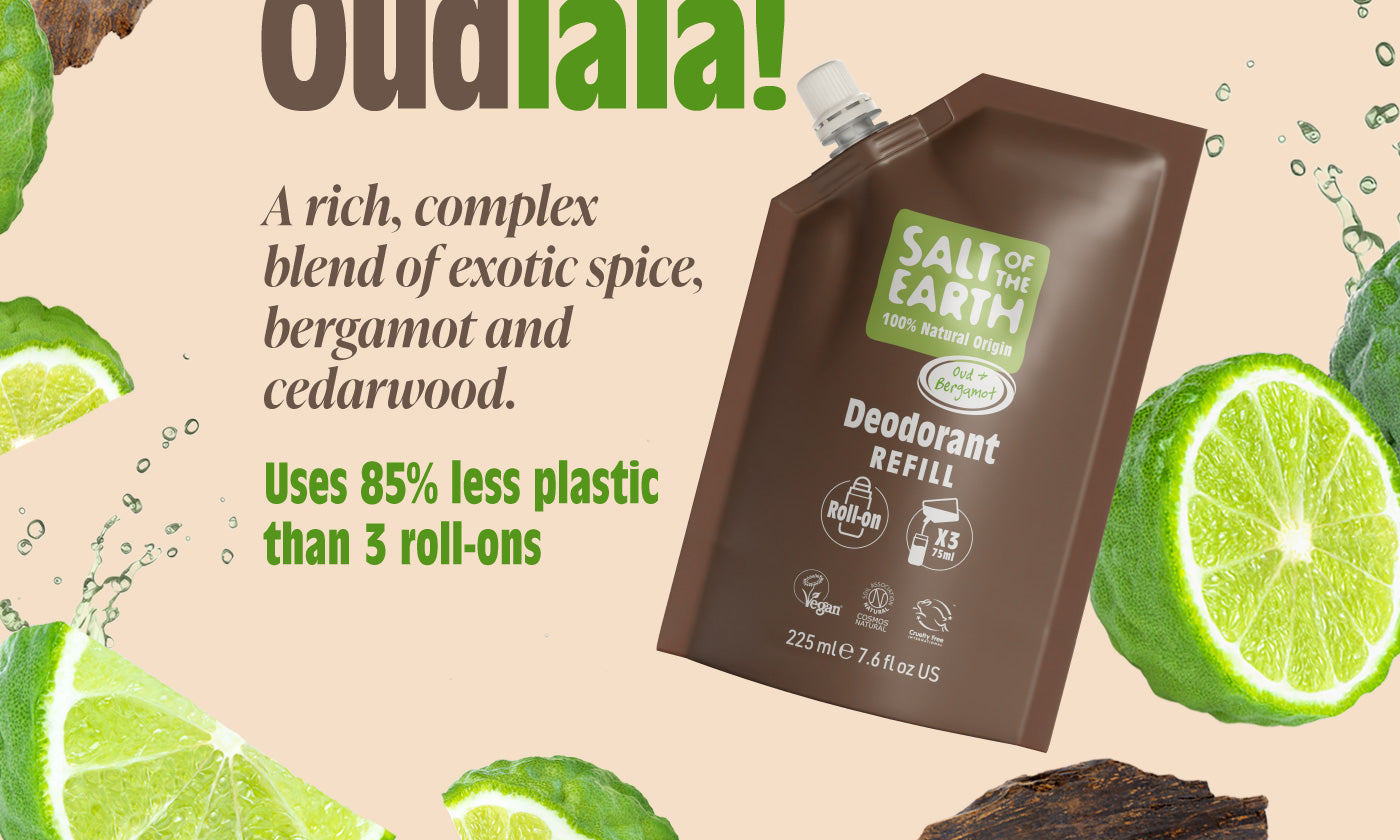 Salt of the Earth Oud & Bergamot roll-on deodorant refill pouch with natural ingredients like lime, bergamot, and cedarwood, promoting 85% less plastic use compared to three roll-ons.